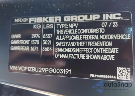 2023 Fisker Ocean One from USA, damaged, VIN VCF1ZBU29PG003191